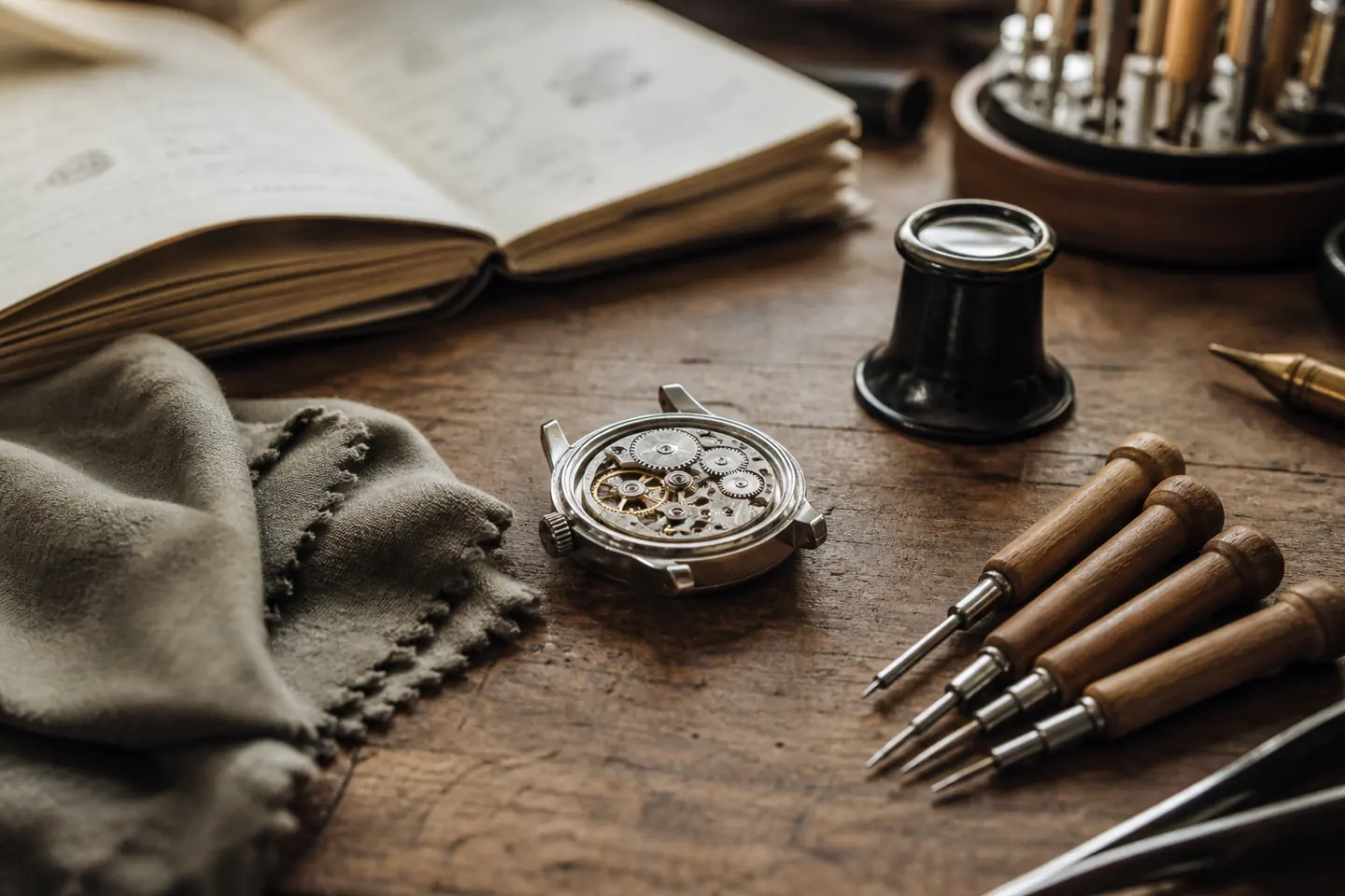 A generic wristwatch movement in an open case beside a loupe, soft cloth, and wooden-handled service tools.